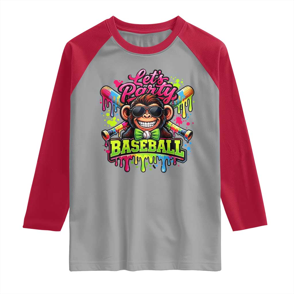 Lets Party Baseball Monkey Neon Dripping Graphic Raglan Shirt Funny Ball Party Game Day Fans TS02 Sport Gray Red Print Your Wear