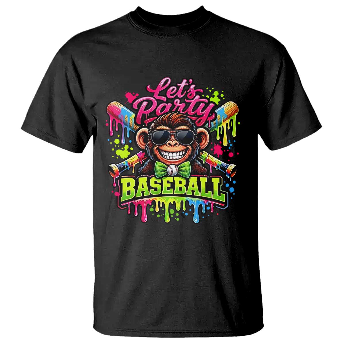 Lets Party Baseball Monkey Neon Dripping Graphic T Shirt Funny Ball Party Game Day Fans TS02 Black Print Your Wear