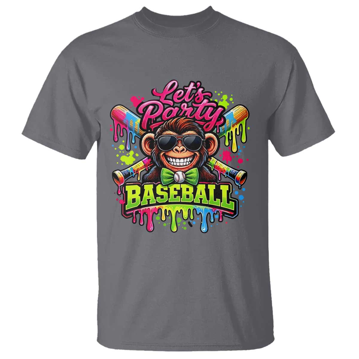 Lets Party Baseball Monkey Neon Dripping Graphic T Shirt Funny Ball Party Game Day Fans TS02 Charcoal Print Your Wear