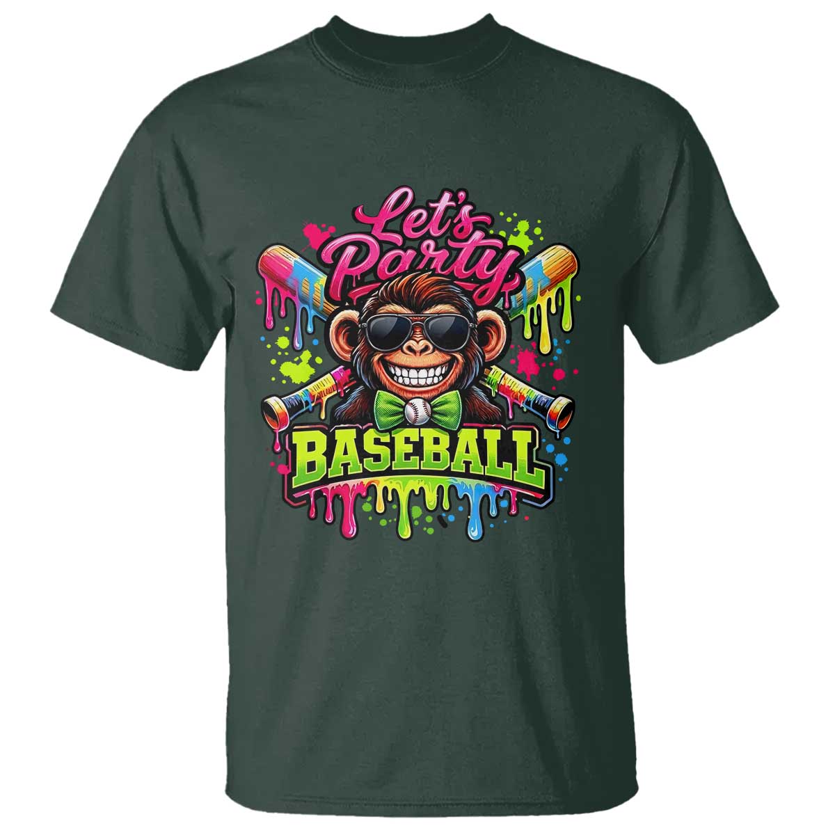 Lets Party Baseball Monkey Neon Dripping Graphic T Shirt Funny Ball Party Game Day Fans TS02 Dark Forest Green Print Your Wear