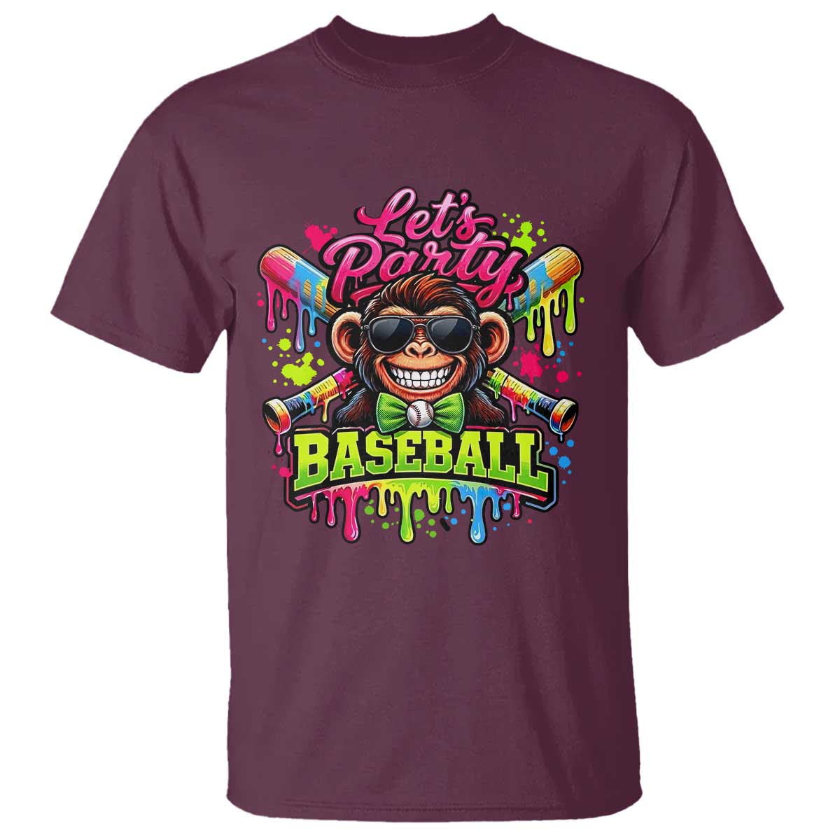 Lets Party Baseball Monkey Neon Dripping Graphic T Shirt Funny Ball Party Game Day Fans TS02 Maroon Print Your Wear