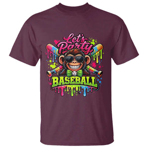 Lets Party Baseball Monkey Neon Dripping Graphic T Shirt Funny Ball Party Game Day Fans TS02 Maroon Print Your Wear