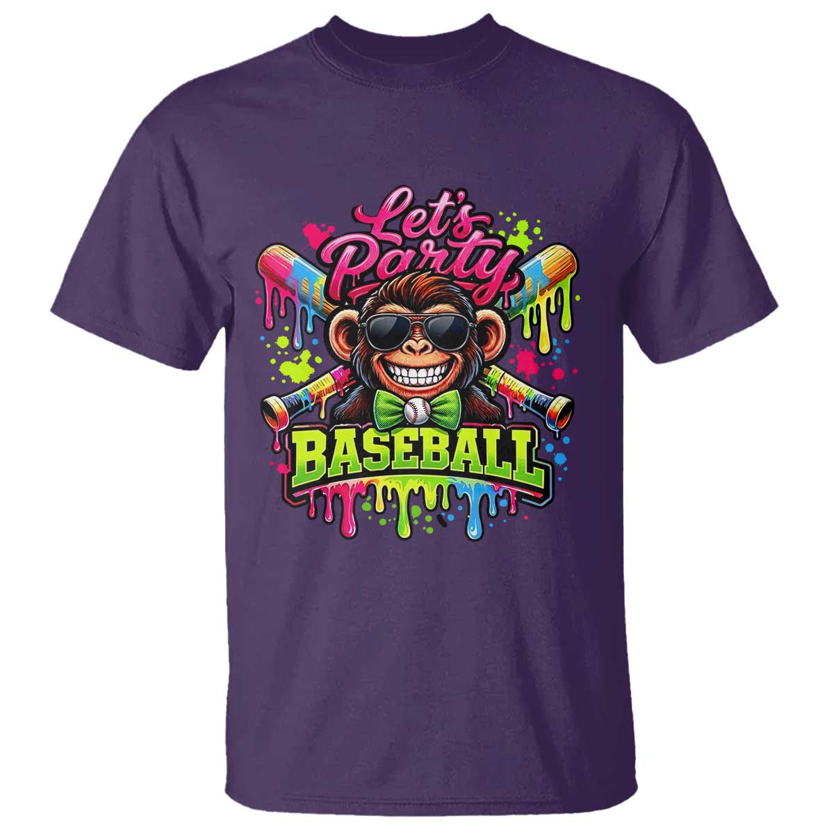 Lets Party Baseball Monkey Neon Dripping Graphic T Shirt Funny Ball Party Game Day Fans TS02 Purple Print Your Wear