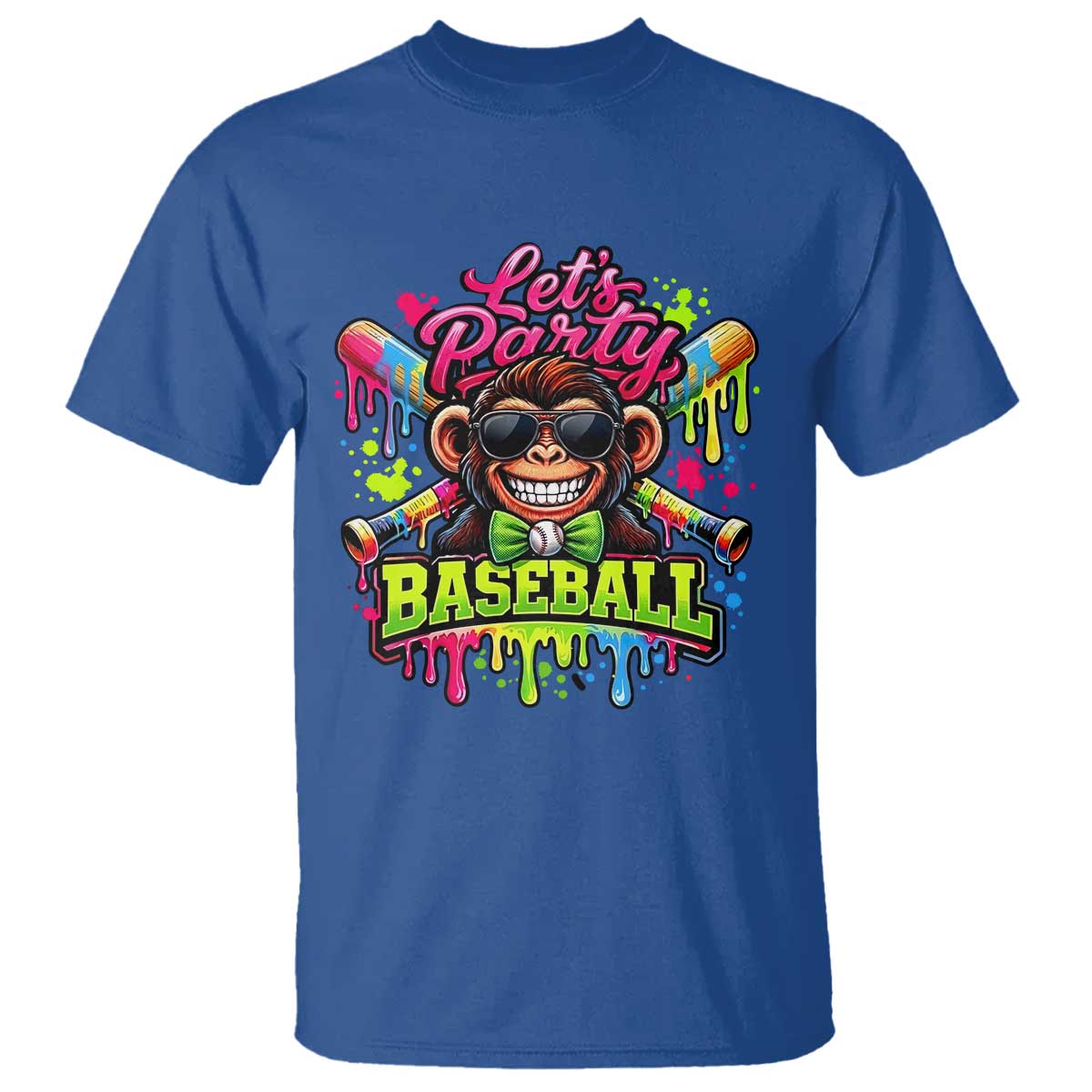 Lets Party Baseball Monkey Neon Dripping Graphic T Shirt Funny Ball Party Game Day Fans TS02 Royal Blue Print Your Wear