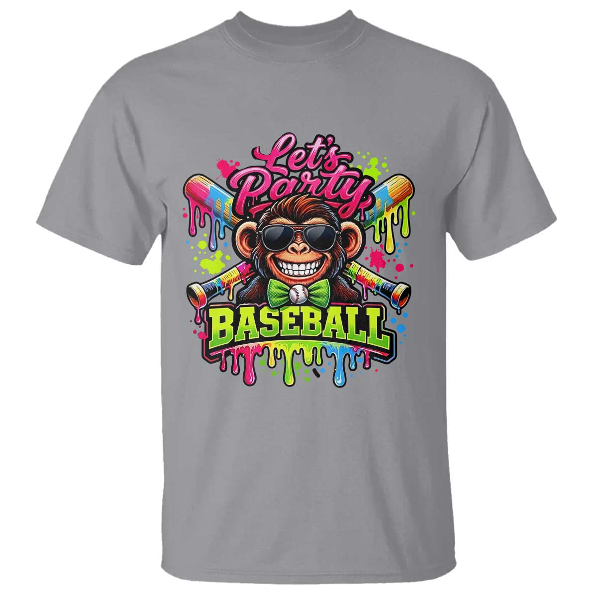 Lets Party Baseball Monkey Neon Dripping Graphic T Shirt Funny Ball Party Game Day Fans TS02 Sport Gray Print Your Wear