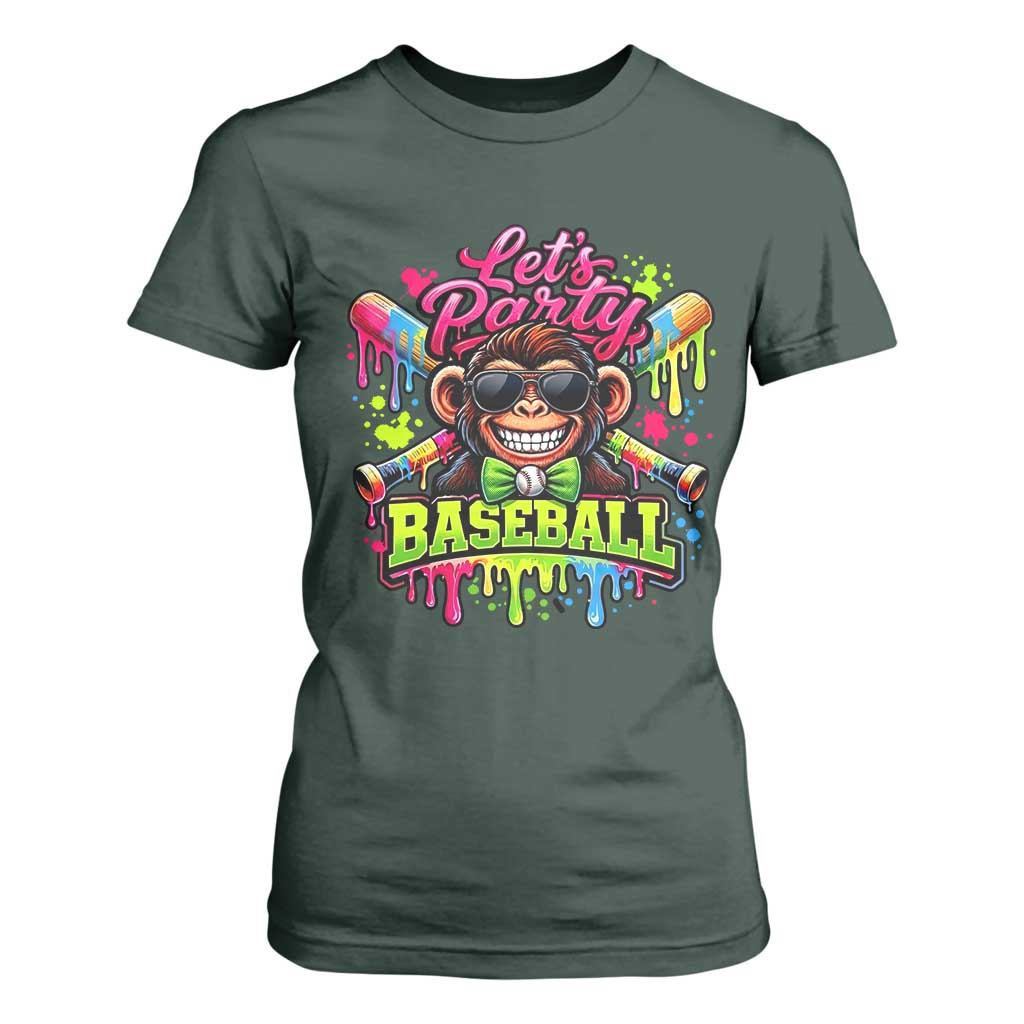Lets Party Baseball Monkey Neon Dripping Graphic T Shirt For Women Funny Ball Party Game Day Fans TS02 Dark Forest Green Print Your Wear