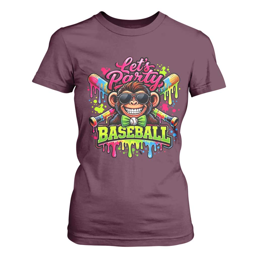 Lets Party Baseball Monkey Neon Dripping Graphic T Shirt For Women Funny Ball Party Game Day Fans TS02 Maroon Print Your Wear