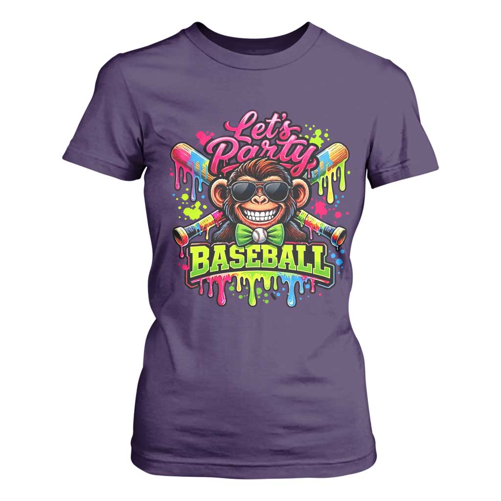 Lets Party Baseball Monkey Neon Dripping Graphic T Shirt For Women Funny Ball Party Game Day Fans TS02 Purple Print Your Wear