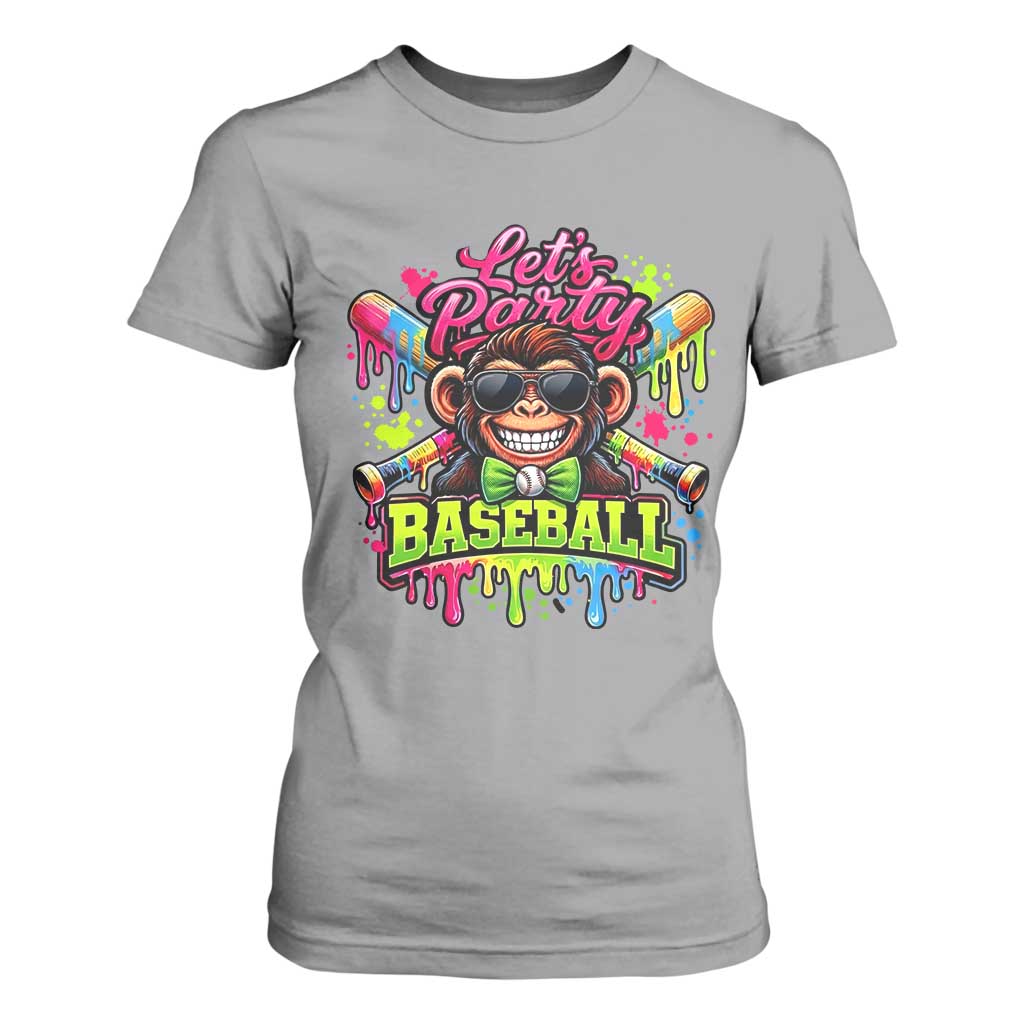 Lets Party Baseball Monkey Neon Dripping Graphic T Shirt For Women Funny Ball Party Game Day Fans TS02 Sport Gray Print Your Wear