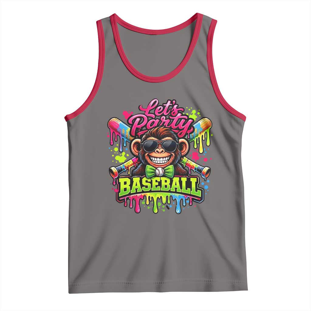 Lets Party Baseball Monkey Neon Dripping Graphic Tank Top Funny Ball Party Game Day Fans TS02 Deep Heather Red Print Your Wear
