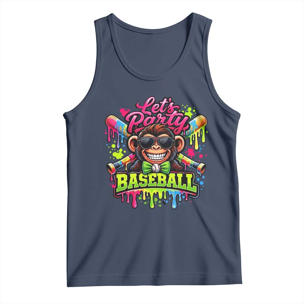 Lets Party Baseball Monkey Neon Dripping Graphic Tank Top Funny Ball Party Game Day Fans TS02 Navy Print Your Wear