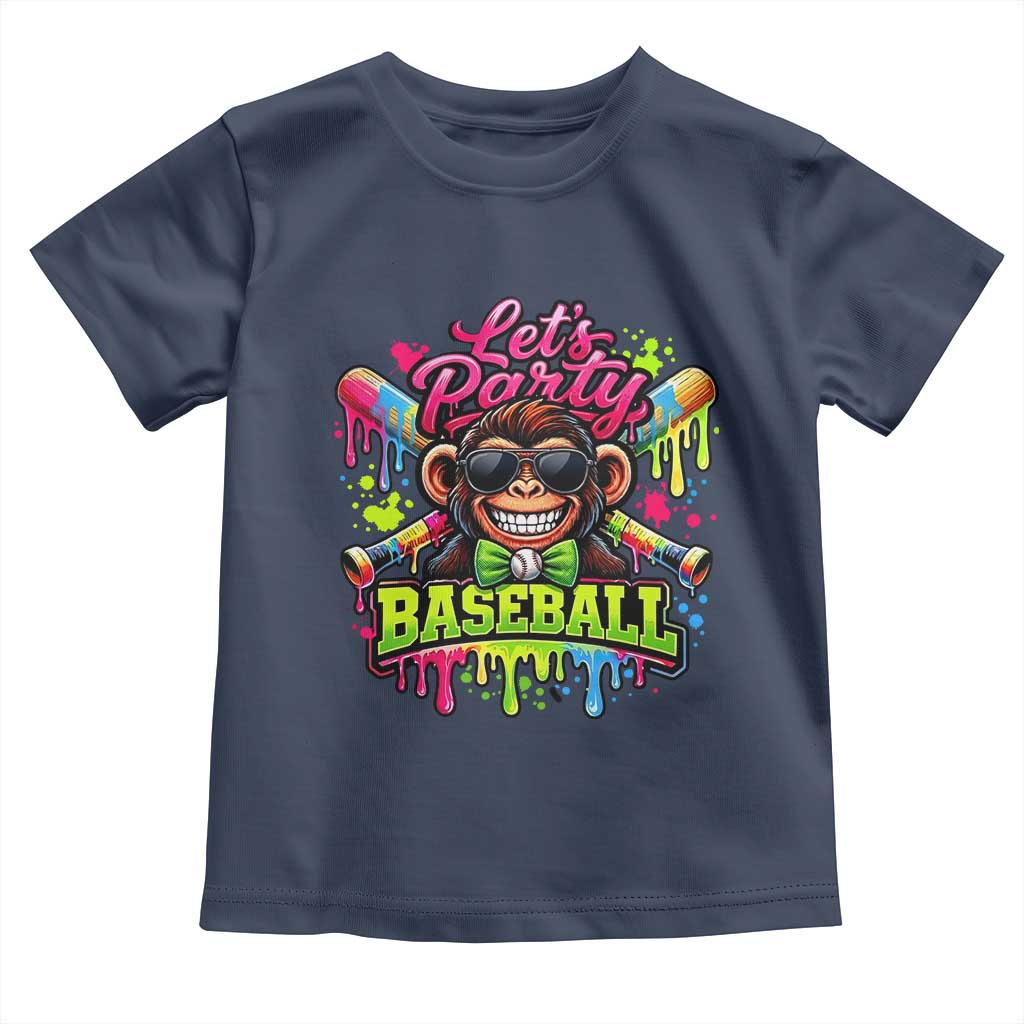 Lets Party Baseball Monkey Neon Dripping Graphic Toddler T Shirt Funny Ball Party Game Day Fans TS02 Navy Print Your Wear