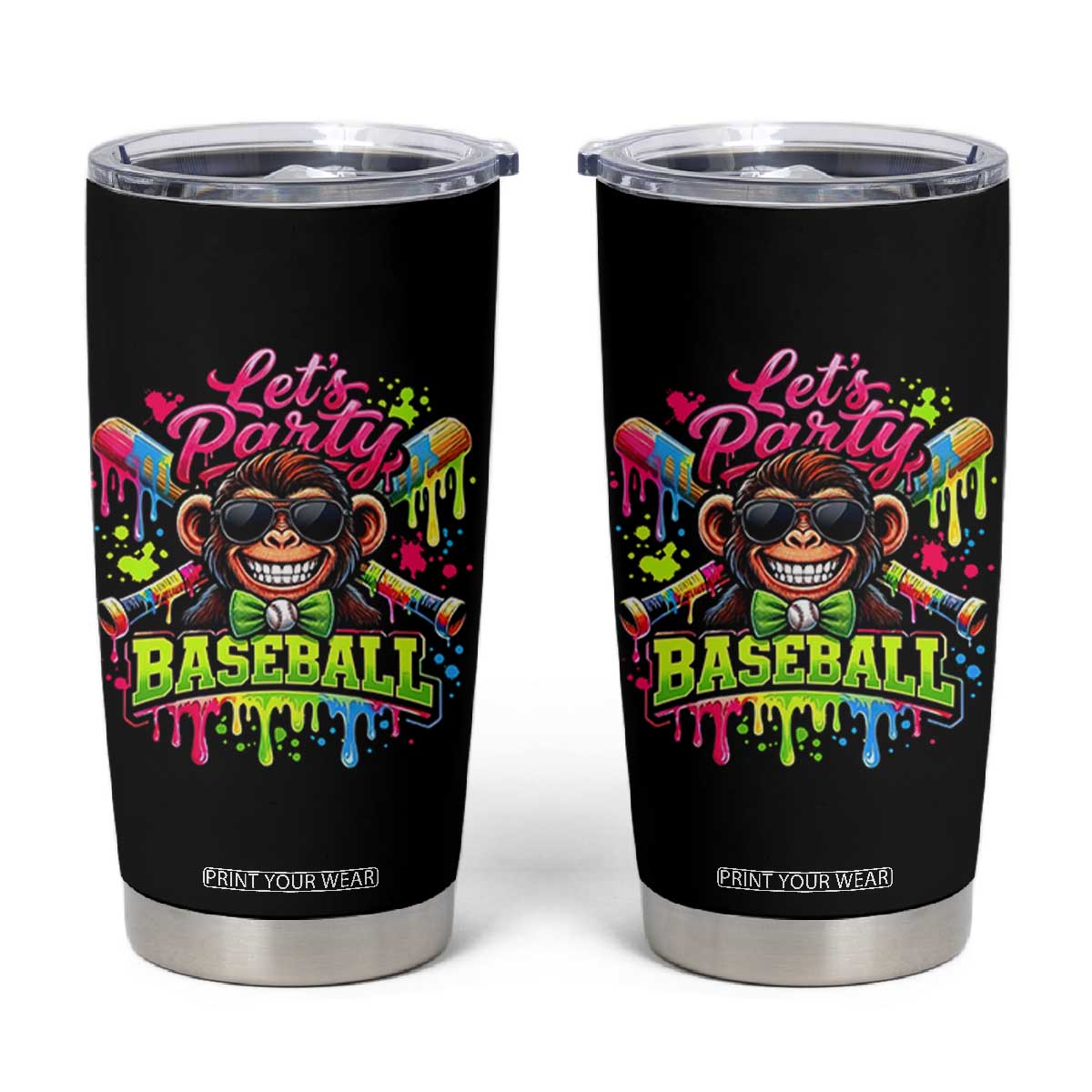 Lets Party Baseball Monkey Neon Dripping Graphic Tumbler Cup Funny Ball Party Game Day Fans TS02 Black Print Your Wear