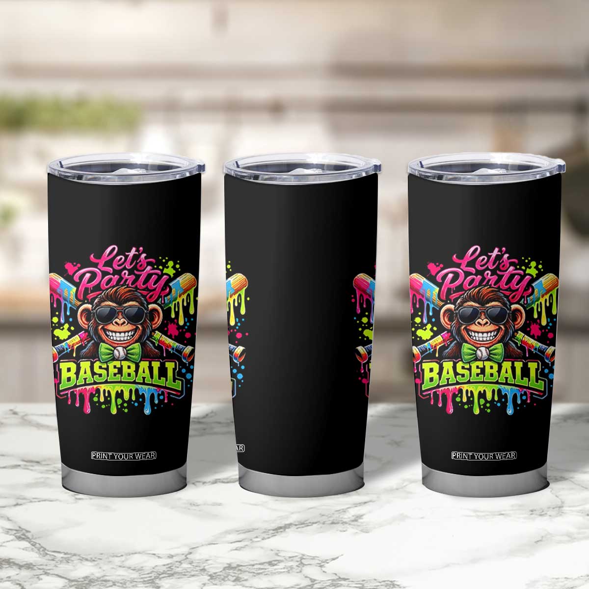 Lets Party Baseball Monkey Neon Dripping Graphic Tumbler Cup Funny Ball Party Game Day Fans TS02 Print Your Wear