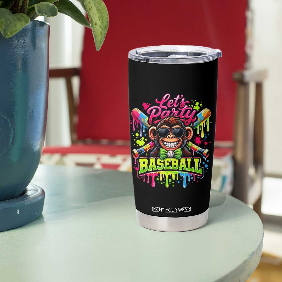 Lets Party Baseball Monkey Neon Dripping Graphic Tumbler Cup Funny Ball Party Game Day Fans TS02 Print Your Wear