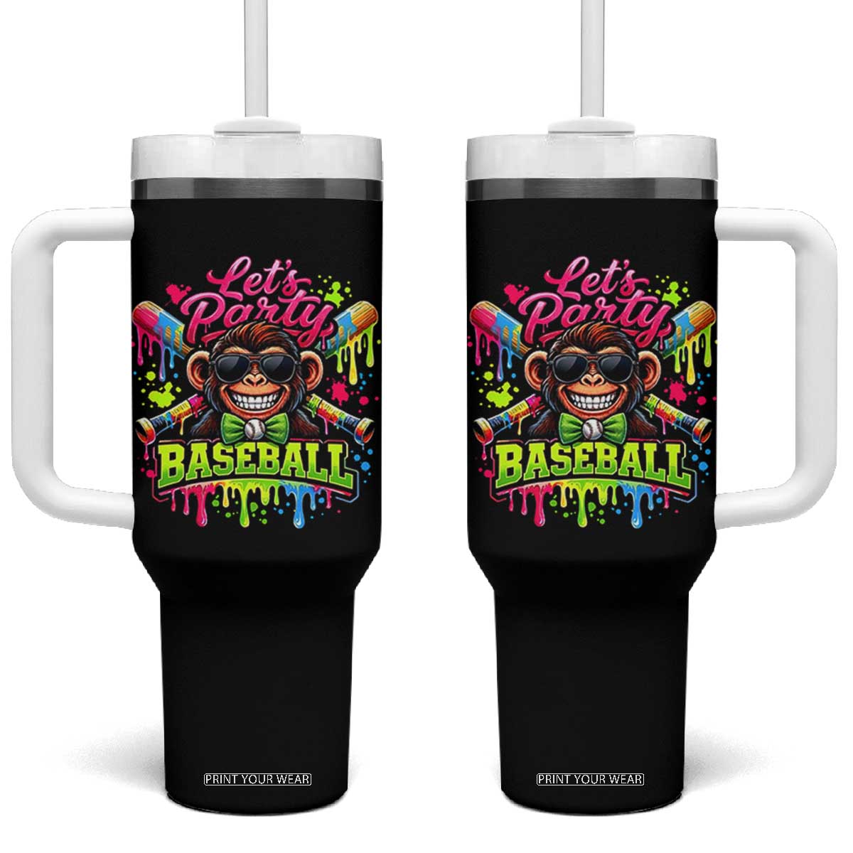 Lets Party Baseball Monkey Neon Dripping Graphic Tumbler With Handle Funny Ball Party Game Day Fans TS02 One Size: 40 oz Black Print Your Wear
