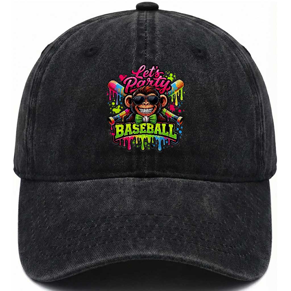Lets Party Baseball Monkey Neon Dripping Graphic Washed Cotton Baseball Cap Funny Ball Party Game Day Fans TS02 Washed Cap Universal Fit Black Print Your Wear
