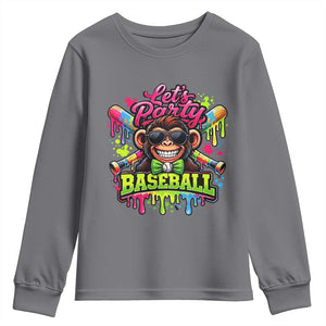 Lets Party Baseball Monkey Neon Dripping Graphic Youth Sweatshirt Funny Ball Party Game Day Fans TS02 Charcoal Print Your Wear
