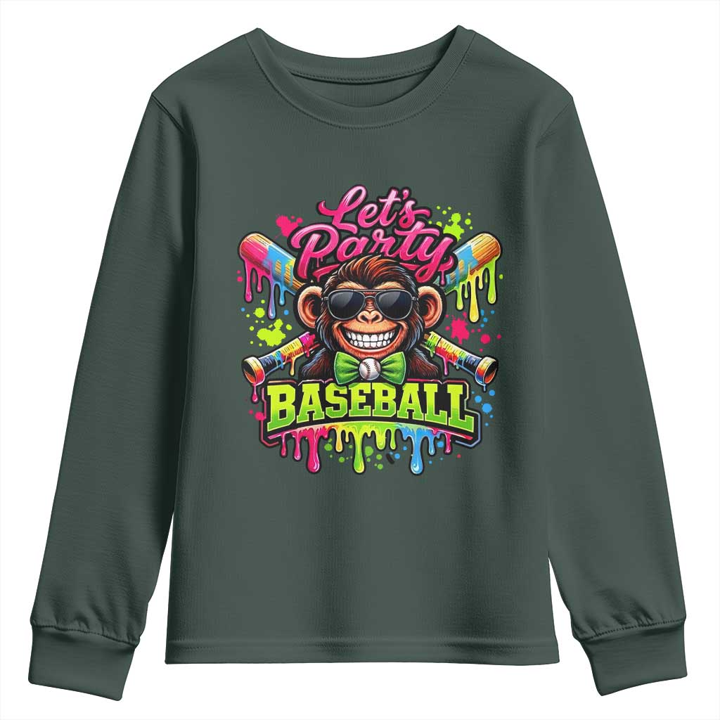 Lets Party Baseball Monkey Neon Dripping Graphic Youth Sweatshirt Funny Ball Party Game Day Fans TS02 Dark Forest Green Print Your Wear