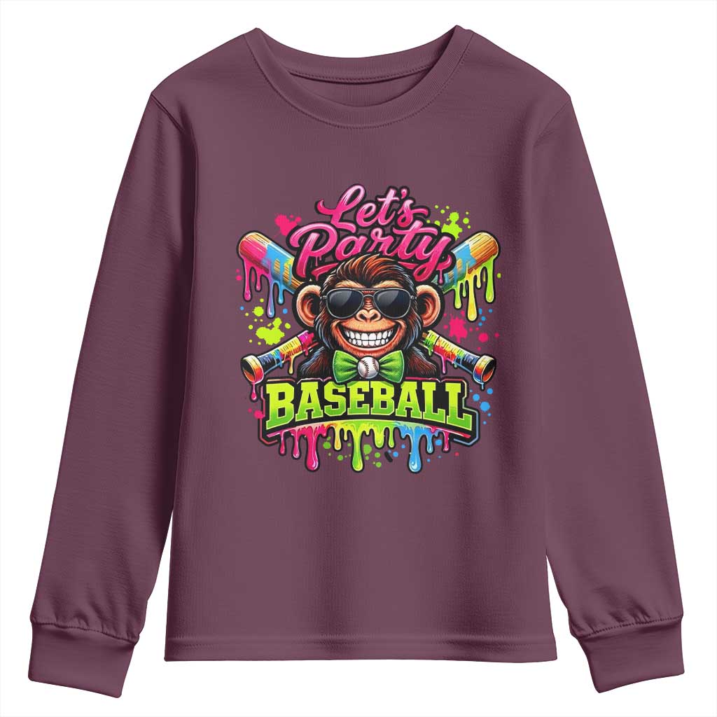 Lets Party Baseball Monkey Neon Dripping Graphic Youth Sweatshirt Funny Ball Party Game Day Fans TS02 Maroon Print Your Wear
