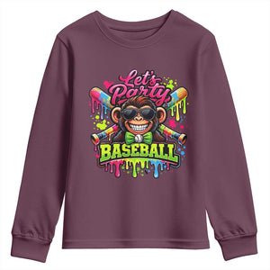 Lets Party Baseball Monkey Neon Dripping Graphic Youth Sweatshirt Funny Ball Party Game Day Fans TS02 Maroon Print Your Wear