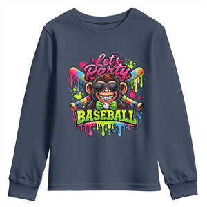 Lets Party Baseball Monkey Neon Dripping Graphic Youth Sweatshirt Funny Ball Party Game Day Fans TS02 Navy Print Your Wear