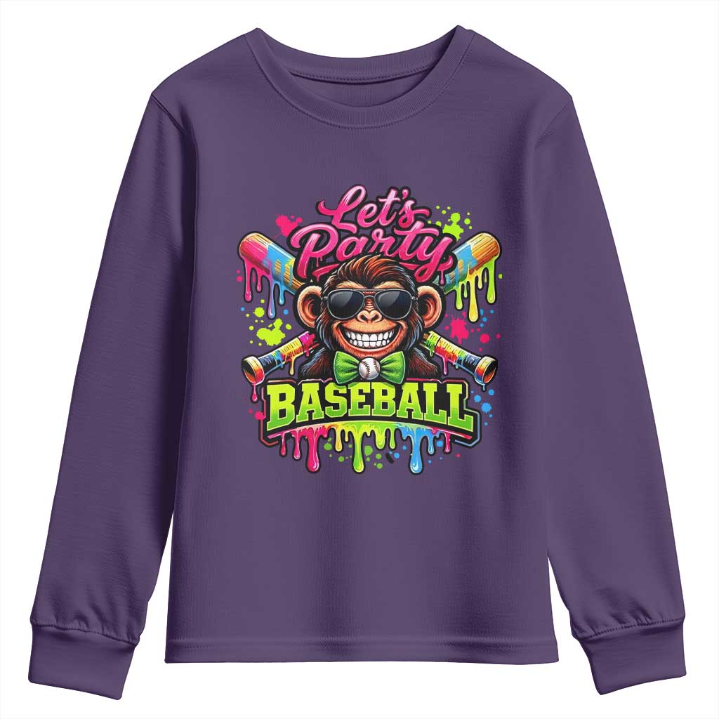 Lets Party Baseball Monkey Neon Dripping Graphic Youth Sweatshirt Funny Ball Party Game Day Fans TS02 Purple Print Your Wear