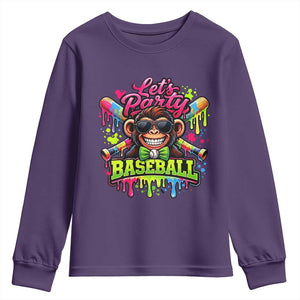 Lets Party Baseball Monkey Neon Dripping Graphic Youth Sweatshirt Funny Ball Party Game Day Fans TS02 Purple Print Your Wear