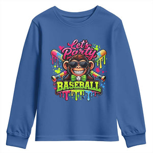 Lets Party Baseball Monkey Neon Dripping Graphic Youth Sweatshirt Funny Ball Party Game Day Fans TS02 Royal Blue Print Your Wear