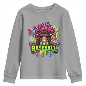 Lets Party Baseball Monkey Neon Dripping Graphic Youth Sweatshirt Funny Ball Party Game Day Fans TS02 Sport Gray Print Your Wear