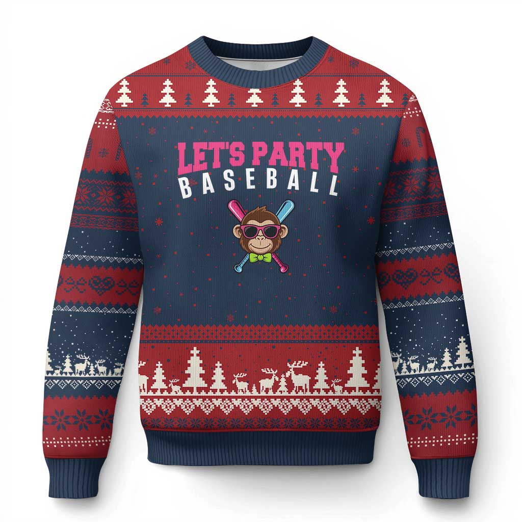 Let's Party Baseball Monkey Ugly Christmas Sweater Ball Party Game Day Vibes TS02 Navy Red Print Your Wear