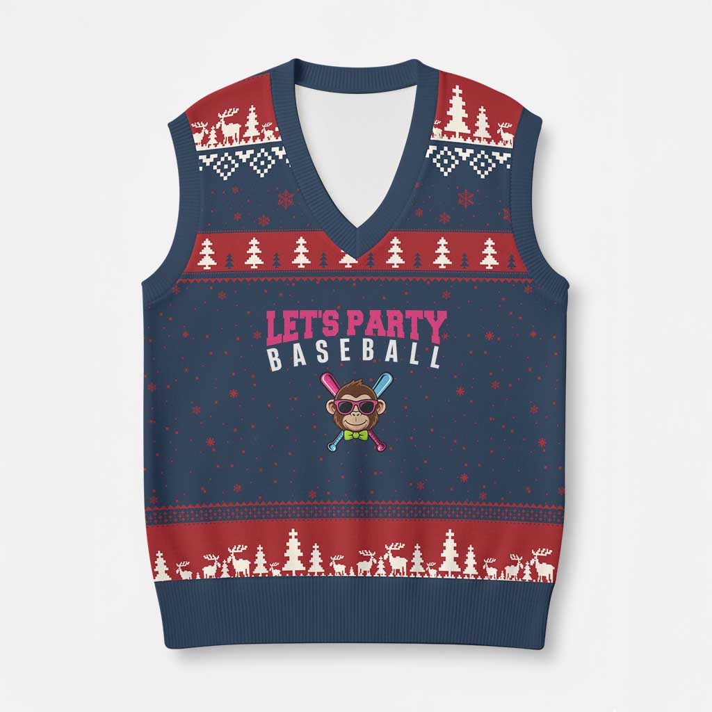Let's Party Baseball Monkey V-Neck Knit Sweater Vest Ball Party Game Day Vibes TS02 Navy Red Print Your Wear