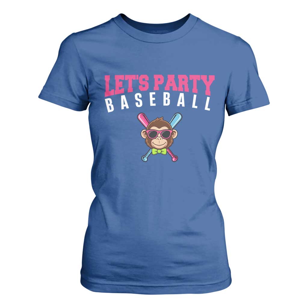 Let's Party Baseball Monkey T Shirt For Women Ball Party Game Day Vibes TS02 Royal Blue Print Your Wear