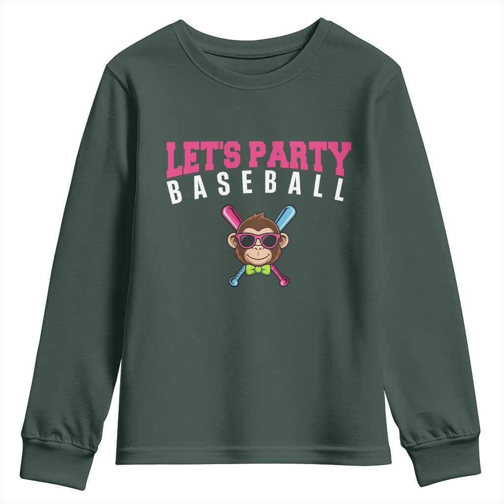 Let's Party Baseball Monkey Youth Sweatshirt Ball Party Game Day Vibes TS02 Dark Forest Green Print Your Wear