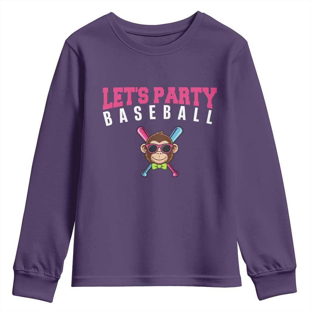Let's Party Baseball Monkey Youth Sweatshirt Ball Party Game Day Vibes TS02 Purple Print Your Wear