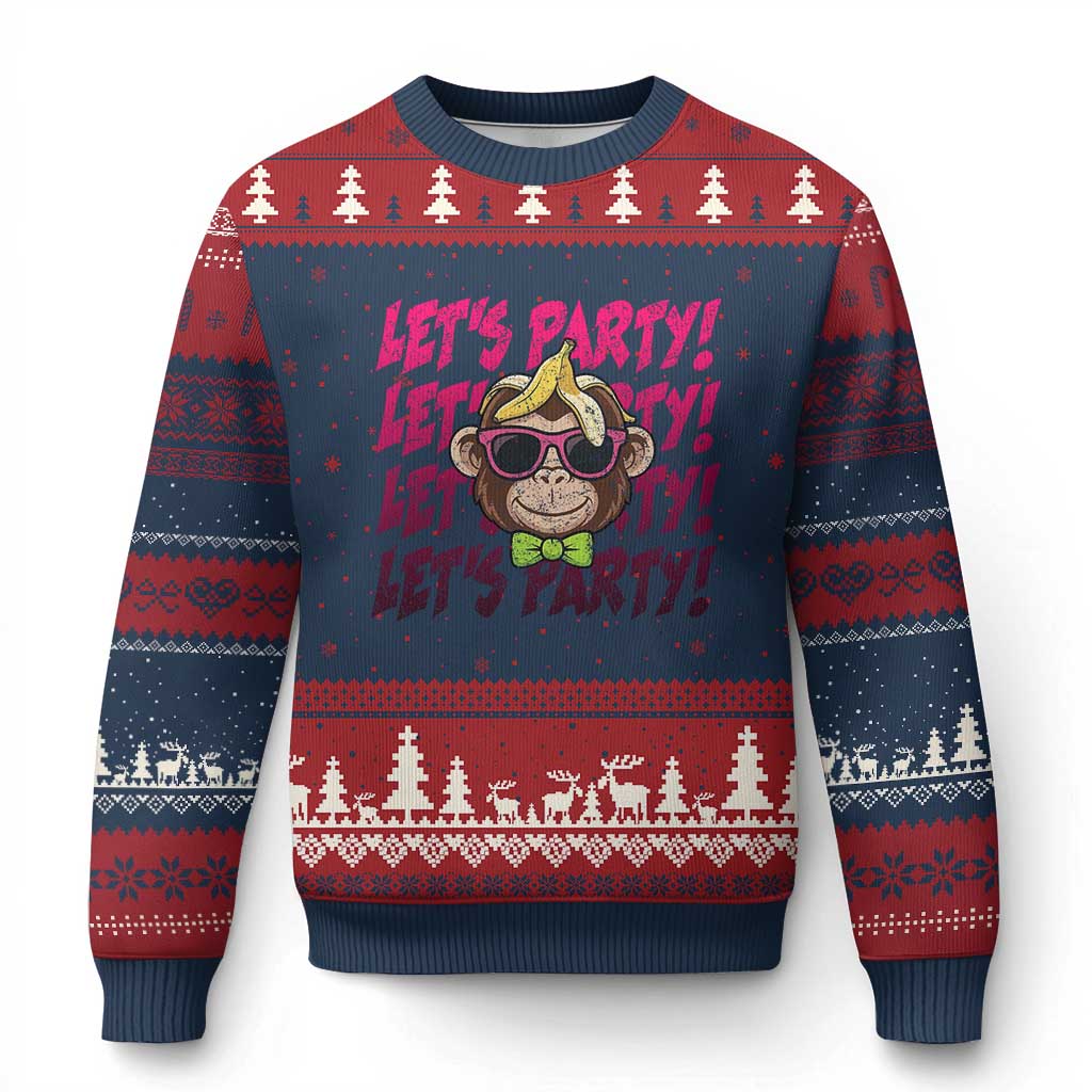 Lets Party Monkey Baseball Ugly Christmas Sweater Funny Ball Party Game Day Fans TS02 Navy Red Print Your Wear