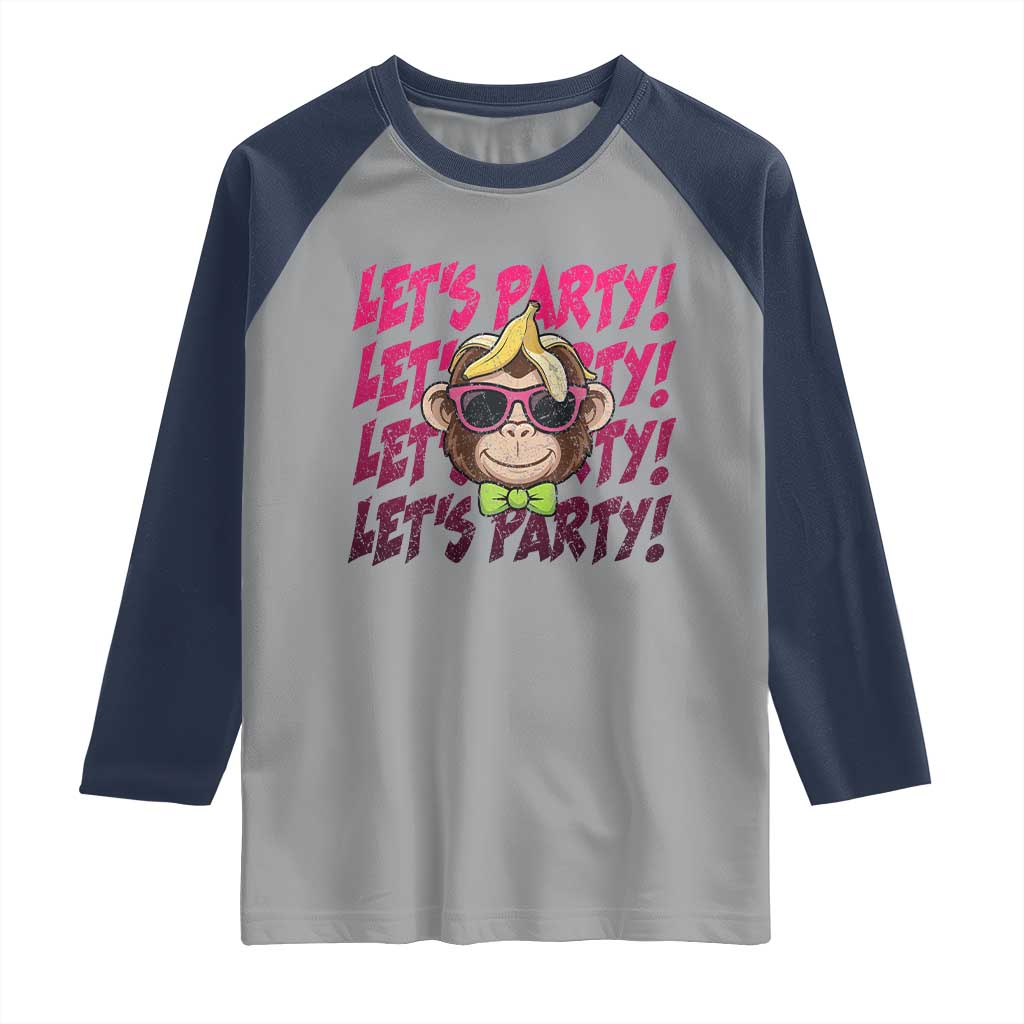 Lets Party Monkey Baseball Raglan Shirt Funny Ball Party Game Day Fans TS02 Sport Gray Navy Print Your Wear