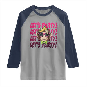 Lets Party Monkey Baseball Raglan Shirt Funny Ball Party Game Day Fans TS02 Sport Gray Navy Print Your Wear