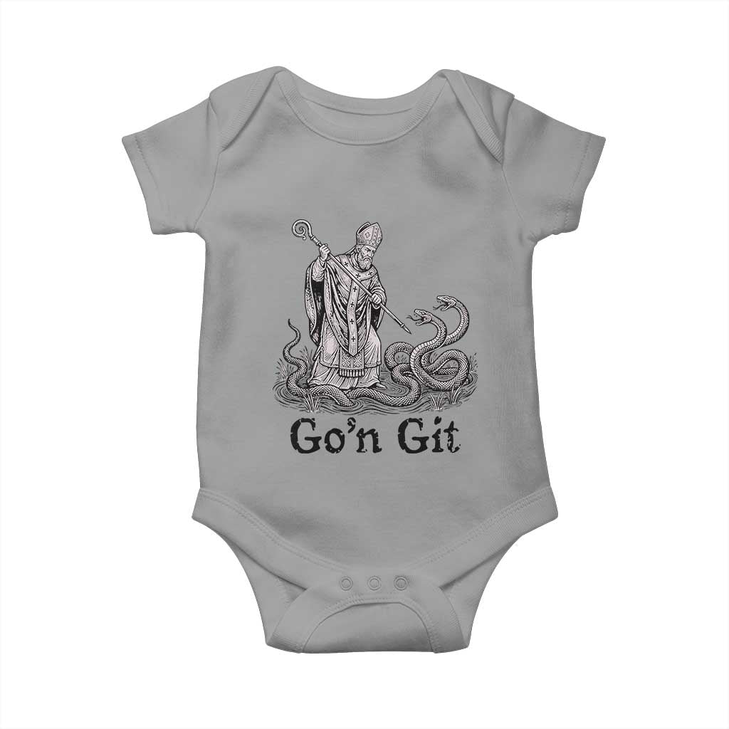 Go'n Git Funny Saint Patrick Banishing Snakes Baby Onesie Irish History Humor St Patricks Day TS02 Sport Gray Print Your Wear