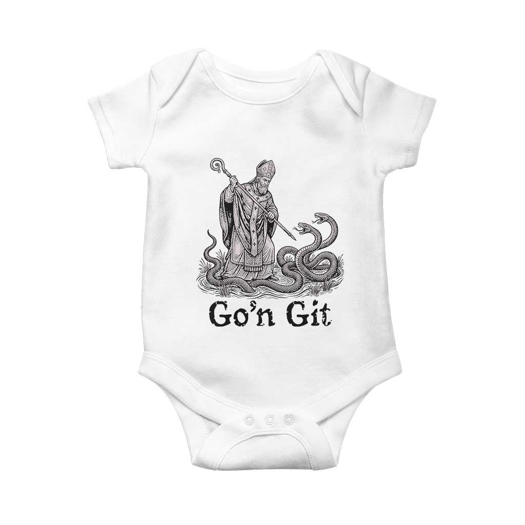 Go'n Git Funny Saint Patrick Banishing Snakes Baby Onesie Irish History Humor St Patricks Day TS02 White Print Your Wear