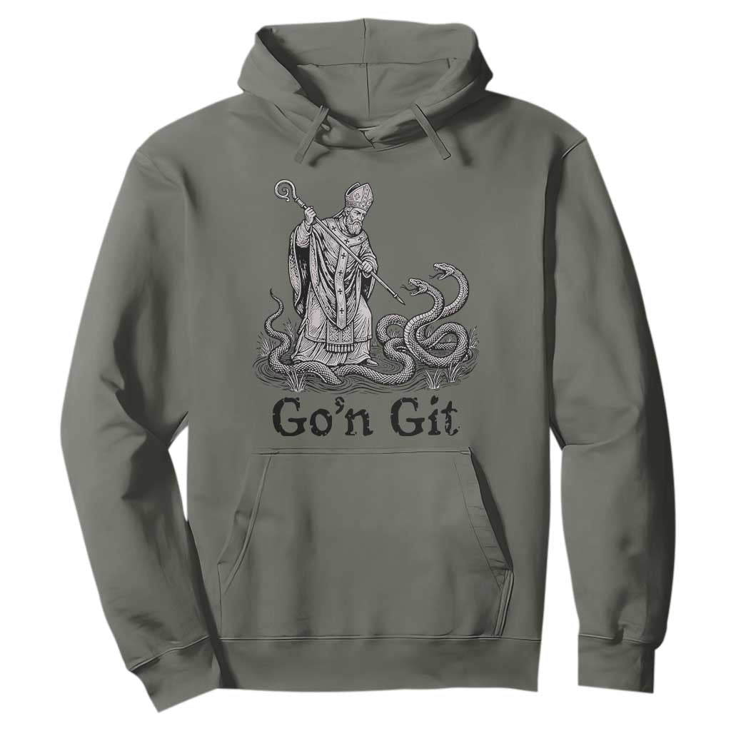 Go'n Git Funny Saint Patrick Banishing Snakes Hoodie Irish History Humor St Patricks Day TS02 Military Green Print Your Wear