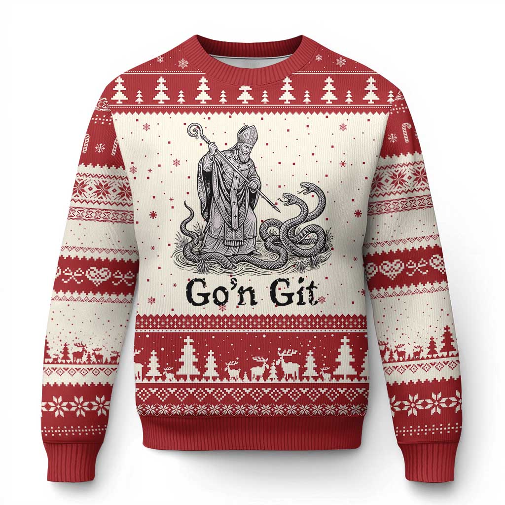 Go'n Git Funny Saint Patrick Banishing Snakes Ugly Christmas Sweater Irish History Humor St Patricks Day TS02 Beige Red Print Your Wear