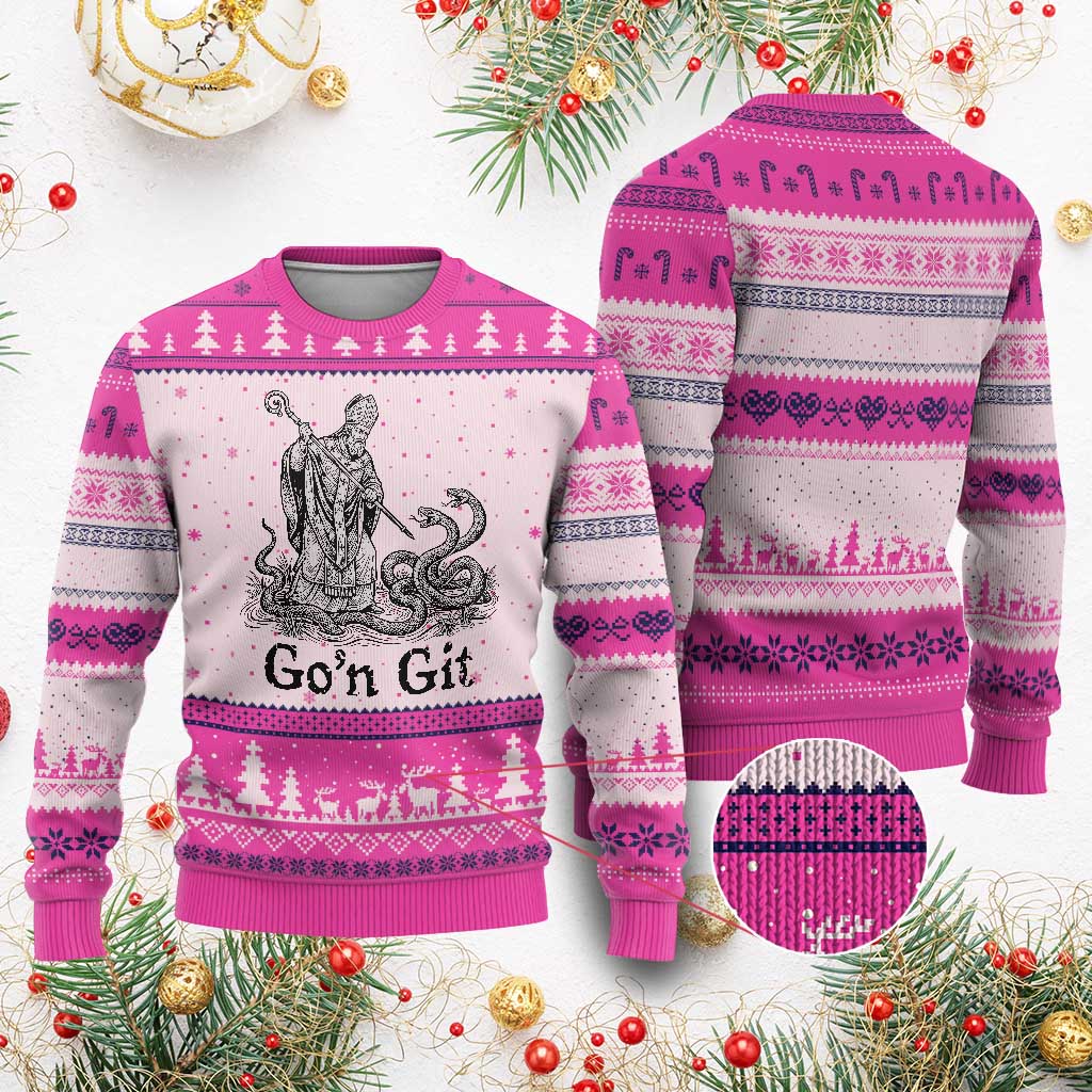 Go'n Git Funny Saint Patrick Banishing Snakes Ugly Christmas Sweater Irish History Humor St Patricks Day TS02 Hot Pink Print Your Wear