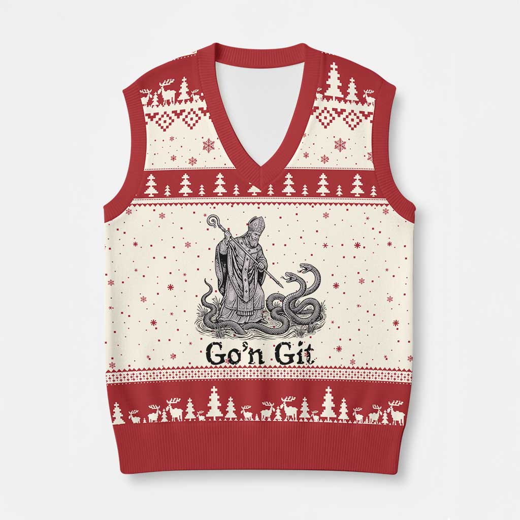 Go'n Git Funny Saint Patrick Banishing Snakes V-Neck Knit Sweater Vest Irish History Humor St Patricks Day TS02 Beige Red Print Your Wear
