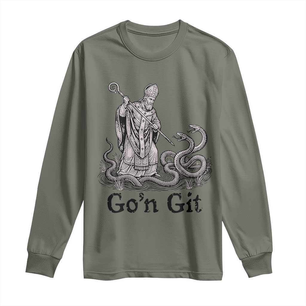 Go'n Git Funny Saint Patrick Banishing Snakes Long Sleeve Shirt Irish History Humor St Patricks Day TS02 Military Green Print Your Wear