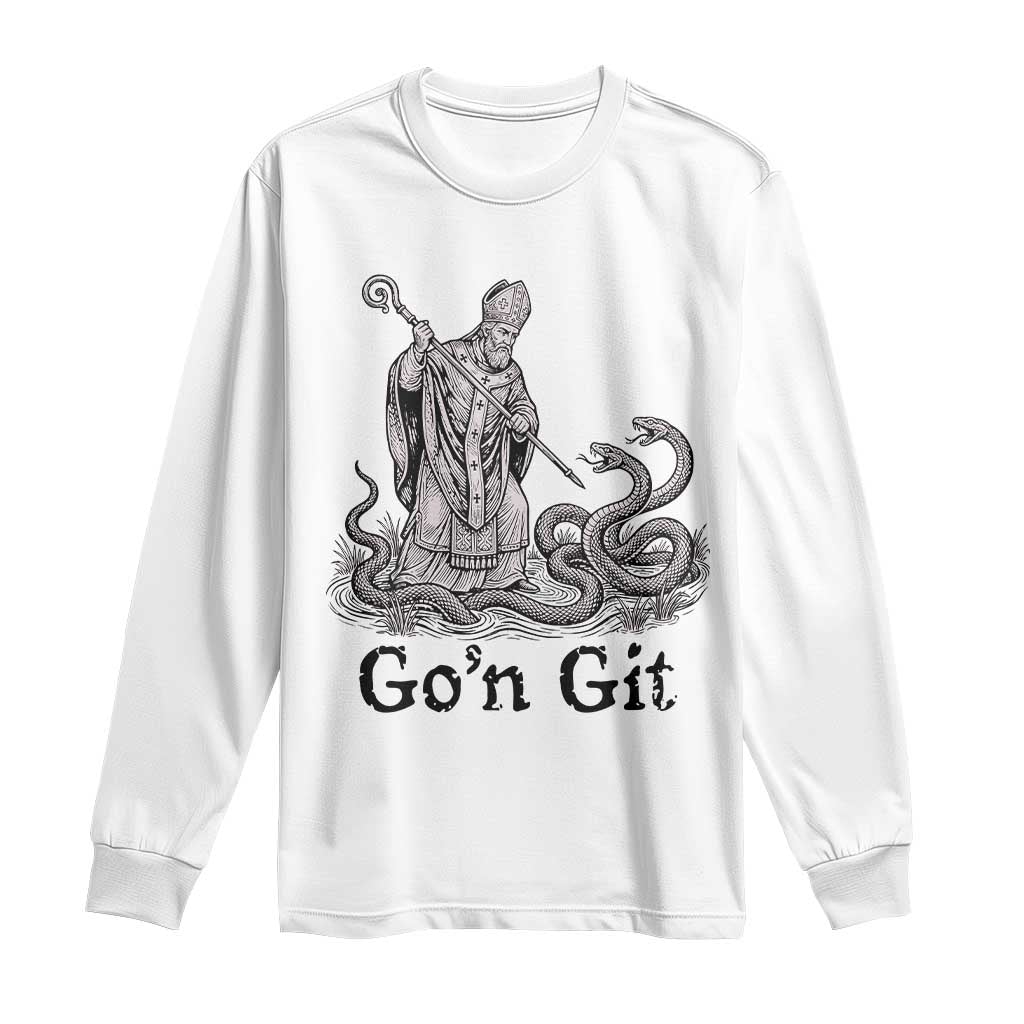 Go'n Git Funny Saint Patrick Banishing Snakes Long Sleeve Shirt Irish History Humor St Patricks Day TS02 White Print Your Wear