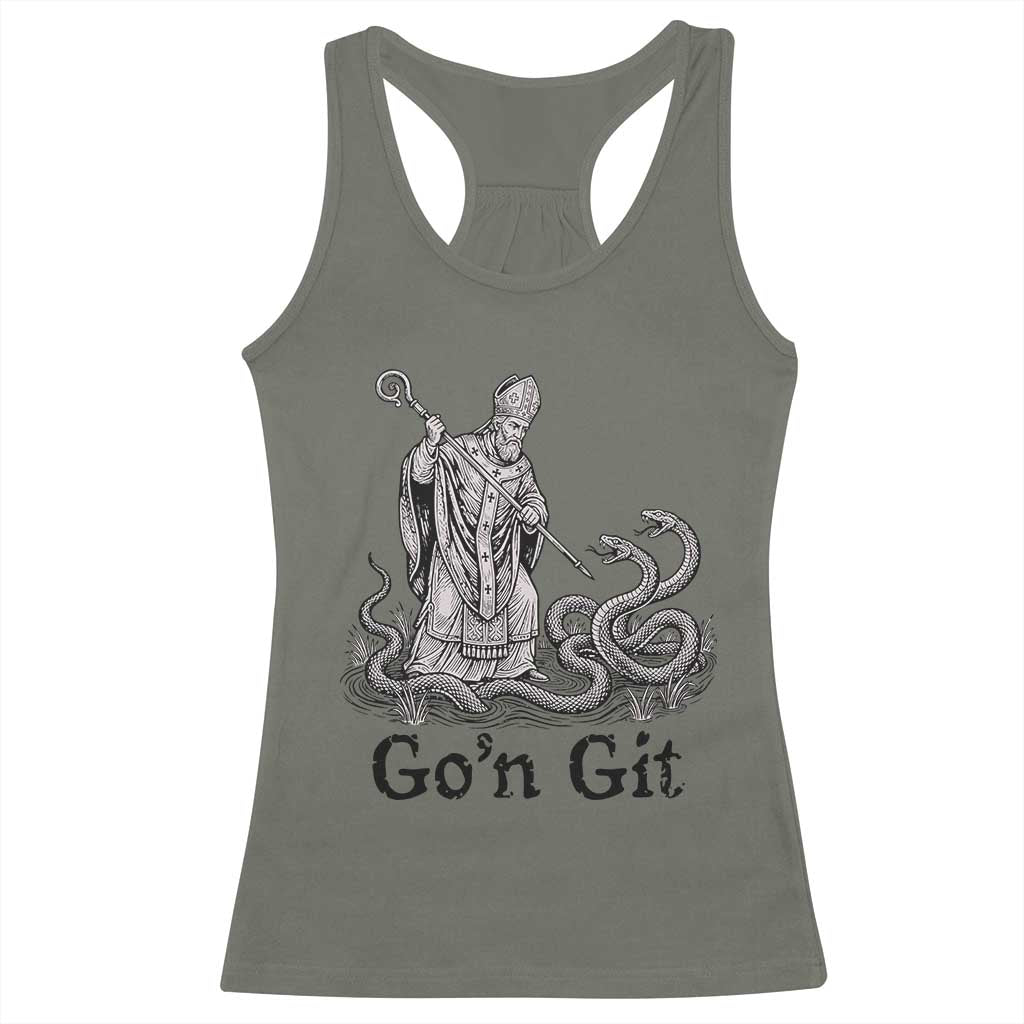 Go'n Git Funny Saint Patrick Banishing Snakes Racerback Tank Top Irish History Humor St Patricks Day TS02 Military Green Print Your Wear