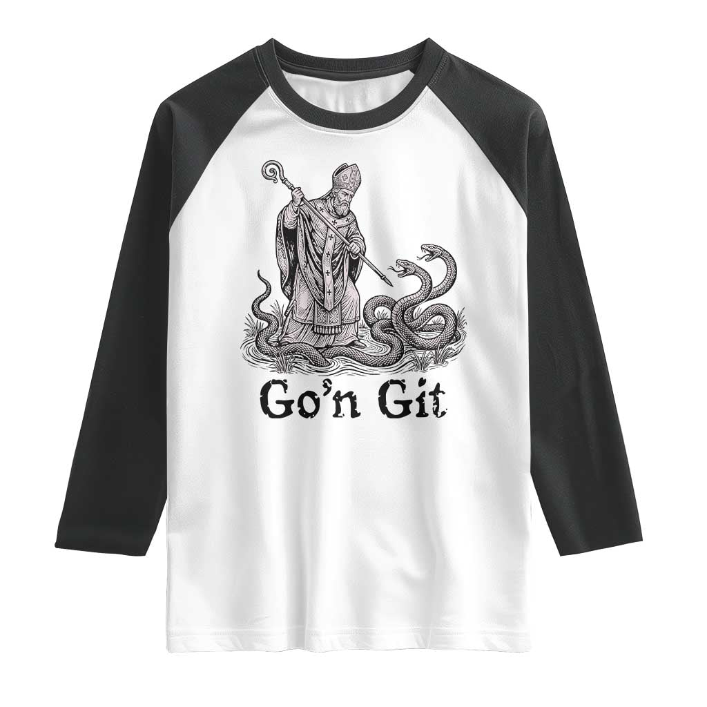 Go'n Git Funny Saint Patrick Banishing Snakes Raglan Shirt Irish History Humor St Patricks Day TS02 White Black Print Your Wear