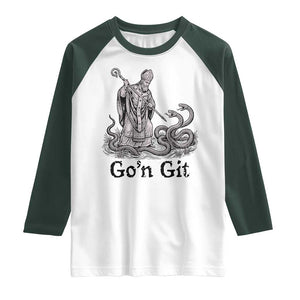 Go'n Git Funny Saint Patrick Banishing Snakes Raglan Shirt Irish History Humor St Patricks Day TS02 White Dark Forest Green Print Your Wear