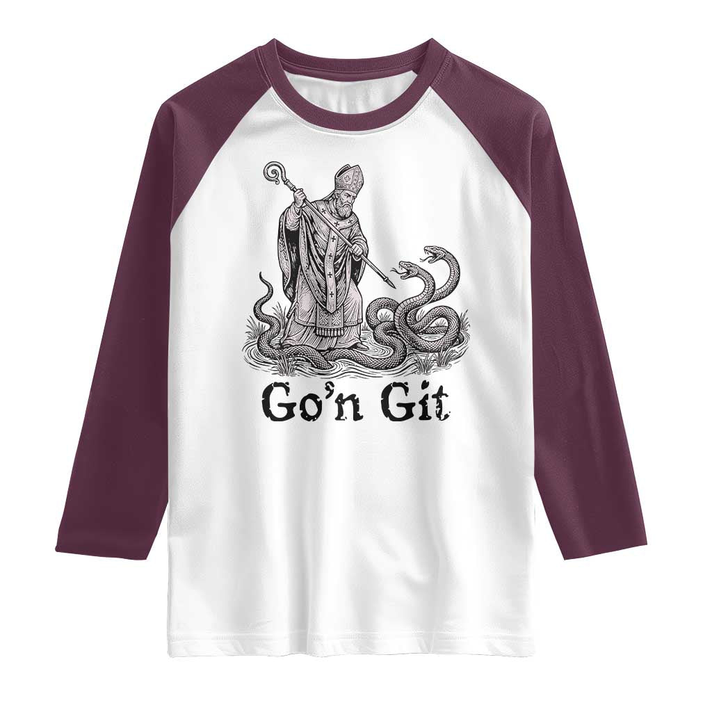 Go'n Git Funny Saint Patrick Banishing Snakes Raglan Shirt Irish History Humor St Patricks Day TS02 White Maroon Print Your Wear